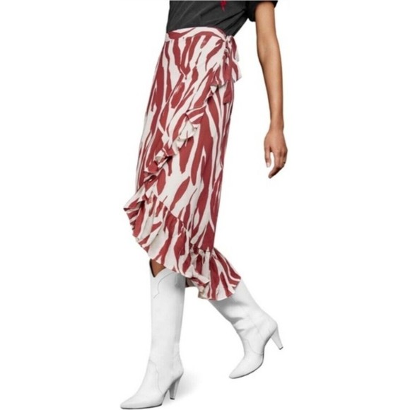 ANINE BING Lucky Zebra Wrap Skirt Midi Ruffle White Brown Tribal Travel XS - Picture 8 of 10